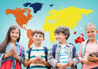 Kids on devices in front of colorful world map