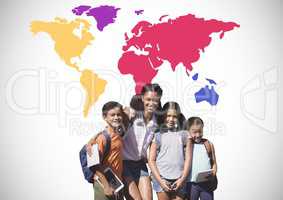 Kids with teacher in front of colorful world map