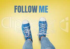 Follow Me text and Blue shoes on feet with yellow background