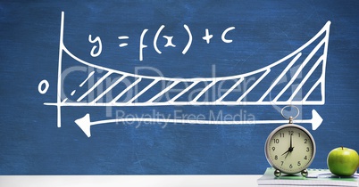 Clock and apple on Desk foreground with blackboard graphics of equations formula diagram