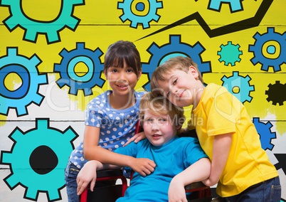 Disabled boy in wheelchair with friends and colorful settings cog gears