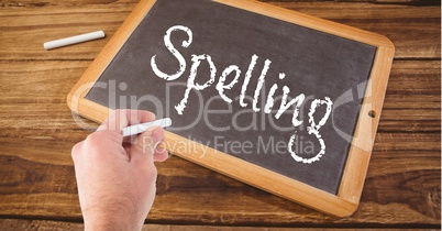 Hand writing spelling on blackboard
