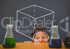 Student boy hiding behind a table against blue blackboard with school and education graphic