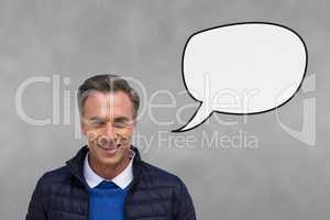 Man with speech bubble against grey background
