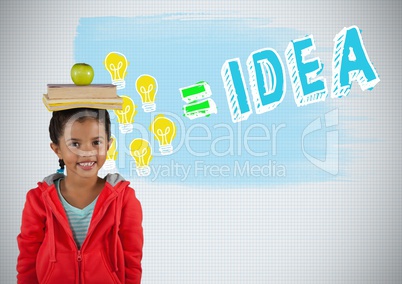 Girl balancing books on head with colorful idea graphics