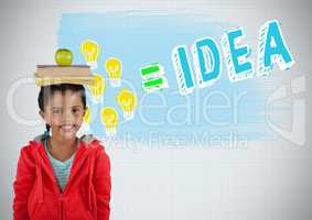 Girl balancing books on head with colorful idea graphics