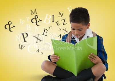 Many letters around Schoolboy reading in front of yellow background