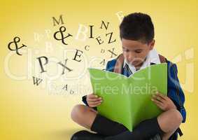 Many letters around Schoolboy reading in front of yellow background