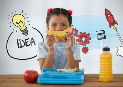 Girl at desk with healthy lunch and idea graphics