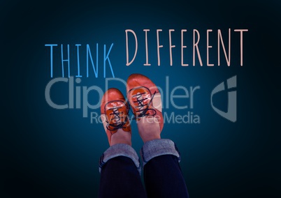 Think Different text and red shoes on feet with blue background