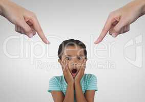 Hands pointing at surprised girl against white background