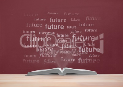 Book on the table against red blackboard with future text