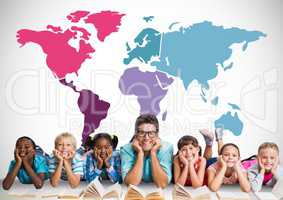 Multicultural kids reading in front of colorful world map with teacher