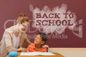 Student boy and teacher at table against red blackboard with back to school text