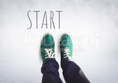 Start text  and green shoes on feet with grey background