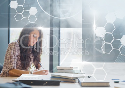 Female Student studying with notes and science education interface graphics overlay