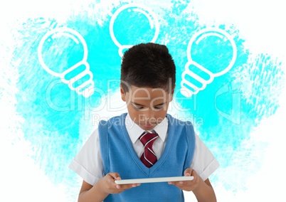 Schoolboy with tablet and light bulb graphics