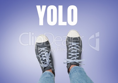 YOLO text and Grey shoes on feet with purple background