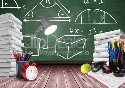 Lamp on Desk foreground with blackboard graphics of math diagrams