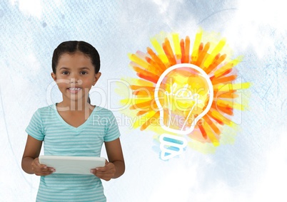 Girl on tablet with colorful light bulb idea