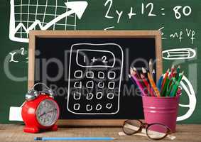 Desk foreground with blackboard graphics of calculator and formula