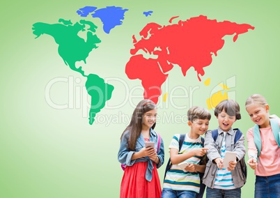 Kids on device in front of colorful world map