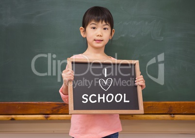 I love school text and little girl with blackboard