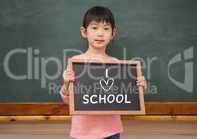 I love school text and little girl with blackboard