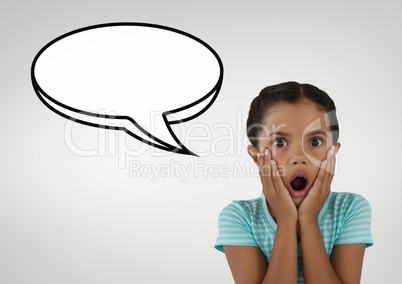 Surprised student girl with speech bubble against grey background