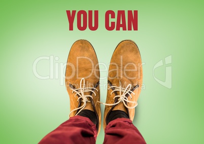 You can text and Brown shoes on feet with green background