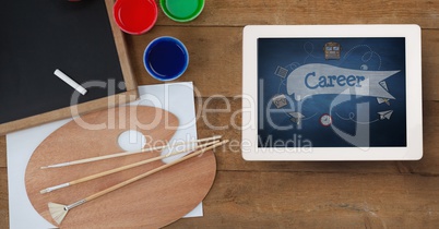 Tablet on a school table with school icons on screen