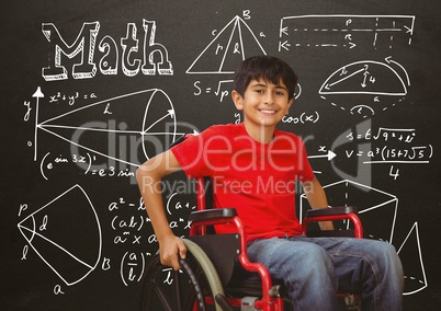 Disabled boy in wheelchair in front of blackboard with math equations