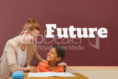 Student boy and teacher at table against red blackboard with future text