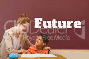 Student boy and teacher at table against red blackboard with future text