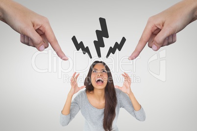 Hands pointing at angry woman against white background with lightning icons