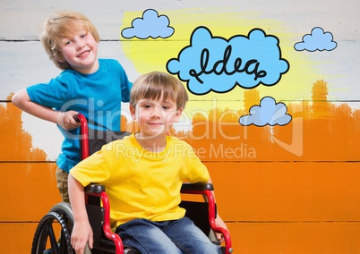 Disabled boy in wheelchair with friend with colorful idea clouds