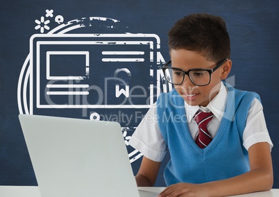Student boy at table looking at a computer against blue blackboard with school and education graphic