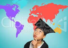 Girl with graduation hat in front of colorful world map