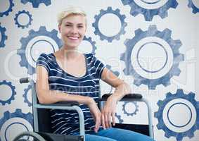 Disabled woman in wheelchair with settings cog gears