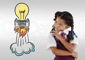Schoolgirl with colorful light bulb rocket graphics