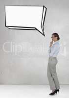 Business woman with speech bubble against grey background