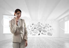 Business woman holding a magnifying glass in a 3D room with a conceptual graphic on the wall