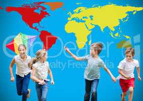 Kids playing with kite and running in front of colorful world map