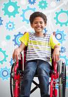 Disabled boy in wheelchair with settings cog gears