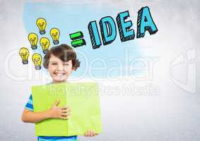 Boy holding book in front of colorful light bulbs idea graphics