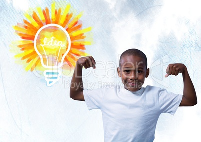 Strong Boy flexing muscles with colorful light bulb idea