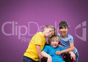 Disabled boy in wheelchair with friends with purple background