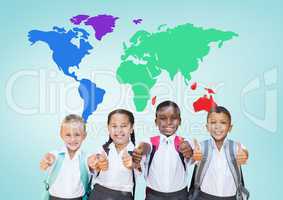 School kids holding thumbs up in front of colorful world map
