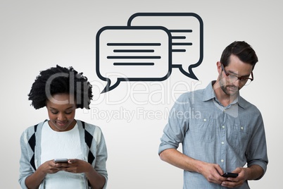 Business people with speech bubbles looking at the phone against grey background
