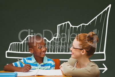 Student boy and teacher at table against green blackboard with school and education graphic